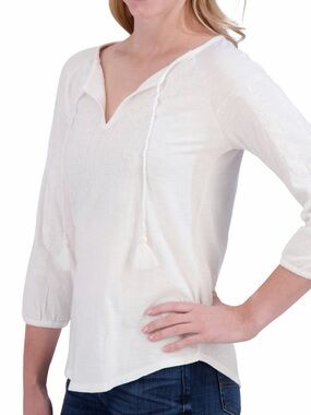 NWT Women’s White V-Neck Tassel Peasant Top, Lucky Brand
